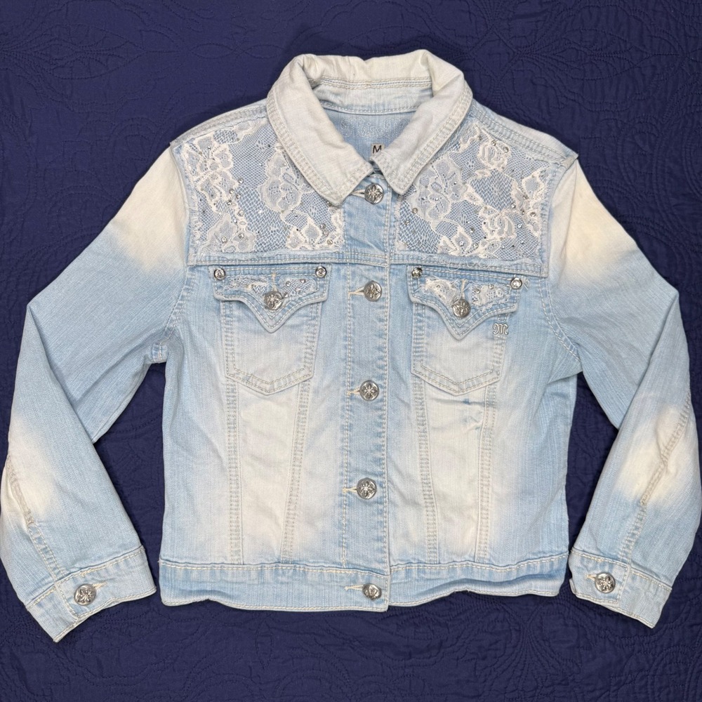Miss Me Lace Rhinestone Denim Jacket Light Wash Blue Junior M Or Women's XS/S
